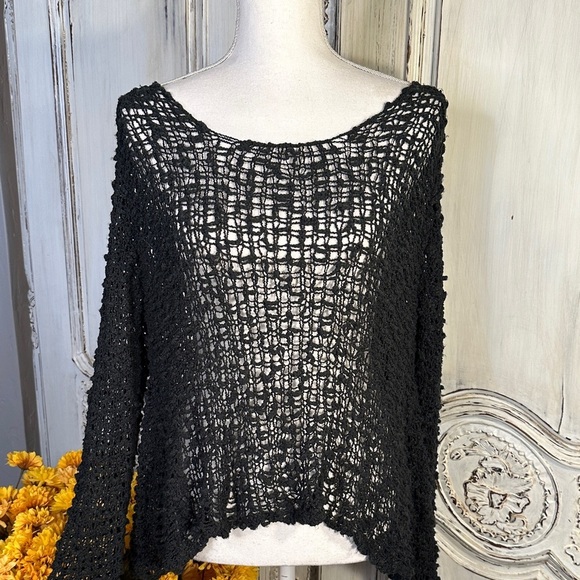 Sweaters - Cool Y2K Open Black Knit Slouchy Long Sleeves Sweater